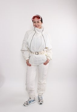 80s one piece ski suit, vintage white snowsuit, retro winter