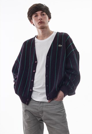 VINTAGE LACOSTE CARDIGAN SWEATER 90S PURPLE GREEN STRIPED