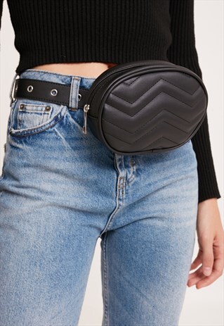 QUILTED BELT BAG - BLACK FAUX LEATHER