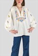 70's White Vintage Tunic Smock Blouse Hand Embroidery