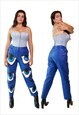 Blue leather pants with abstract eye print 