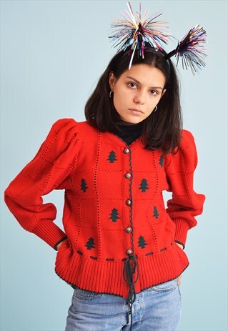 70'S RETRO PUFF SLEEVE KNIT CHRISTMAS CARDIGAN