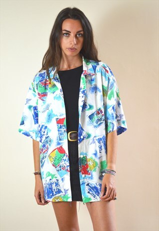 80S VINTAGE ABSTRACT PUFF SLEEVE TROPICAL PRINT SHIRT
