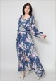70's Vintage Ladies Dress Long Sleeve Blue Floral Maxi