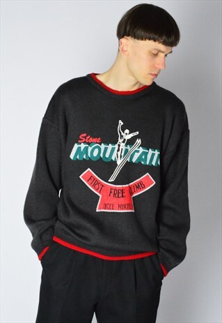 VINTAGE 80S GREY GRAPHIC SKI WOOL BLEND JUMPER