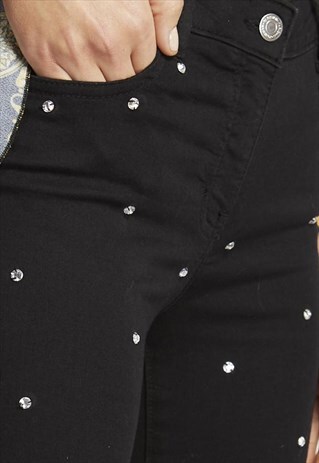 DIAMANTE EMBELLISHED BLACK SKINNY JEANS RAW HEM