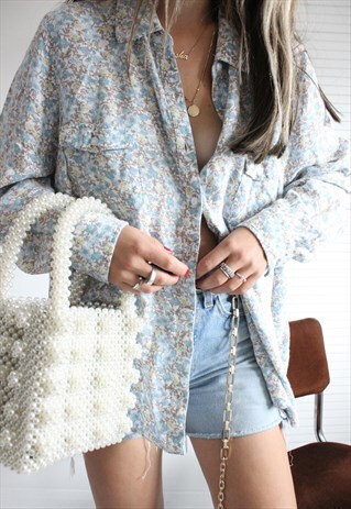 VINTAGE 60S PASTEL BLUE FLORAL COTTON SHIRT