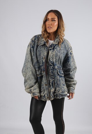 VINTAGE DENIM BOMBER JACKET OVERSIZED ACID WASH UK 18 (GX5Z)