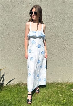 70's Vintage Deha White Blue Floral Slip Midi Dress