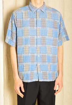 Vintage Blue Distressed Patchwork Check Short Sleeve Shirt