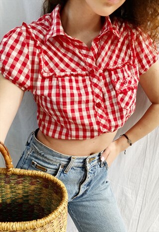 VINTAGE Y2K GINGHAM CHECK REWORKED MILKMAID BLOUSE CROP TOP