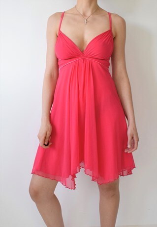 VINTAGE Y2K CORAL SHEER OVERLAY LETTUCE BUTTERFLY DRESS 8