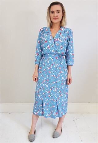 VINTAGE 80'S BLUE AND RED FLORAL MIDI DRESS