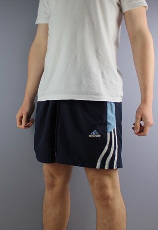 VINTAGE ADIDAS SHORTS IN NAVY WITH POCKETS, EMBROIDERED LOGO