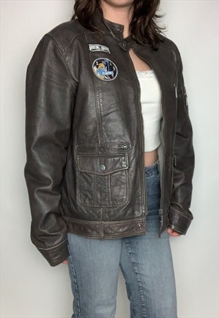 PLAYBOY LEATHER BIKER JACKET VINTAGE 90S SPELLOUT PATCHES 