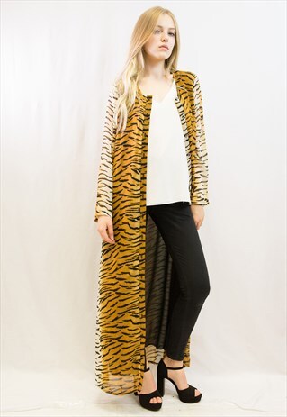 TIGER LEOPARD PRINT CHIFFON LONG SHIRT DRESS CARDIGAN