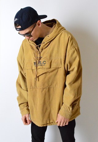 VINTAGE 90S CAMEL BROWN CORDUROY WARM ANORAK HOODIE JACKET