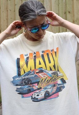 Vintage 1990s Single stitch Neon racing tshirt in cream