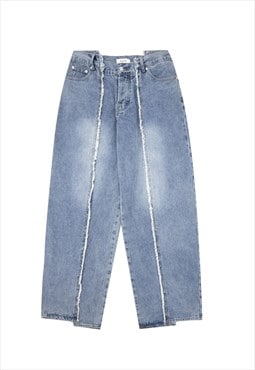 Wide distressed jeans asymmetric denim pants bleached blue