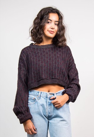 VINTAGE 90'S BURGUNDY GRUNGE PATTERNED OVERSIZE CROP JUMPER