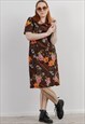 Vintage 70s Secretary Short Sleeve Floral Printed Midi Dress