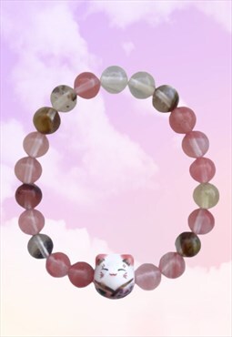 Lucky Cat - Pink Fire Cherry Quartz Beaded Gemstone Bracelet