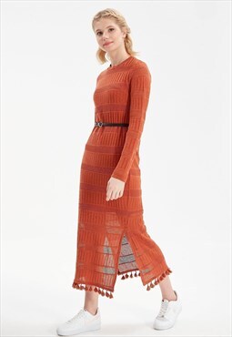 Orange Long Skirt Tasseled Knitwear Dress