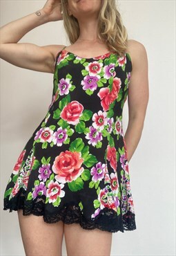Bold Floral Print Satin Lace Slip Mini Dress Lingerie Summer