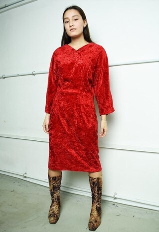 VINTAGE 80S RETRO VELVET MIDI PARTY RED DRESS