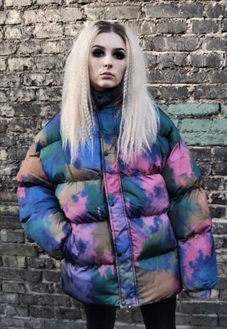 Abstract sky bomber Space print puffer Tie-dye jacket blue