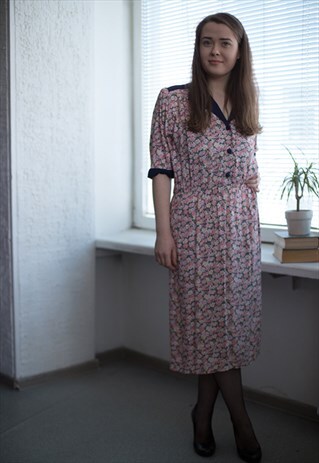 VINTAGE 80'S PINK FLOWER PRINT MIDI DRESS