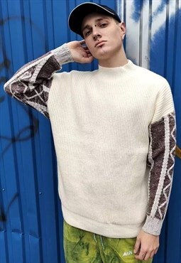 Cable knitwear sweater stitched sleeve jumper cream grey