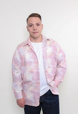 80s abstract shirt, vintage pink long sleeve printed shirt