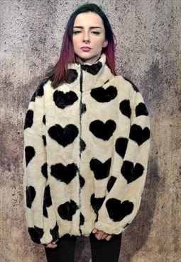 Heart fleece jacket faux fur love bomber retro coat cream