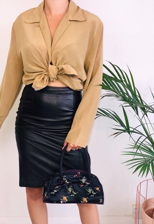 VINTAGE 90S BLACK LEATHER MIDI SKIRT