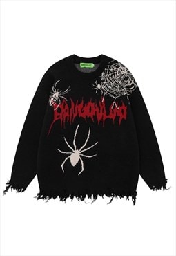 Spider sweater knitted distressed jumper punk top in black