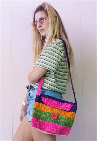 VINTAGE WICKER STRIPE FLOWER SHOULDER BAG