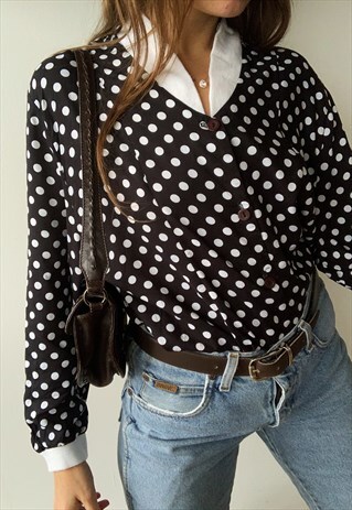 VINTAGE 80S HAUTE BOHEME POLKA DOT PARISIAN SHIRT TOP BLOUSE