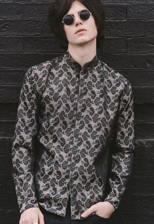 MENS GOLD PAISLEY NEHRU COLLAR SHIRT