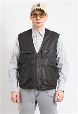 Vintage genuine leather vest in brown sleeveless utility