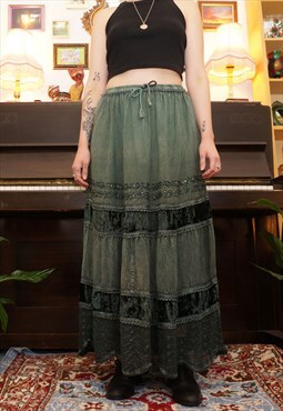 Vintage 90s Boho Hippy Patchwork Maxi Skirt in Green