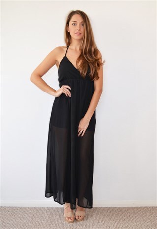 LOW BACK SPLIT LEG BLACK MAXI DRESS
