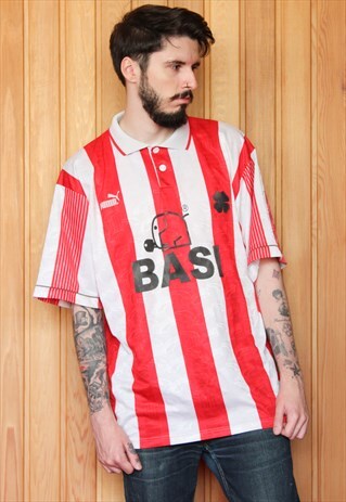 VINTAGE 1990S RED AND WHITE STRIPED PUMA FOOTBALL SHIRT