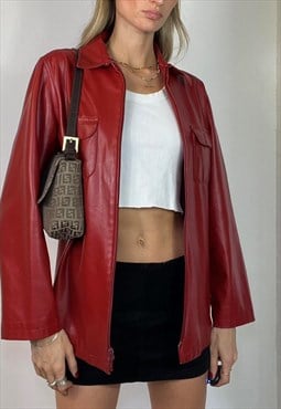 Vintage Y2k Faux Leather Jacket Zipped Red Preppy Grunge