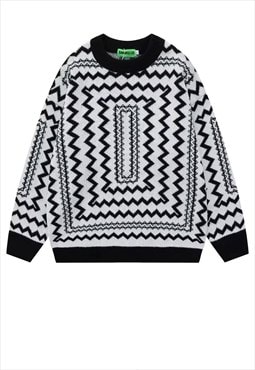 Geometric sweater knit retro stripe jumper zigzag top white
