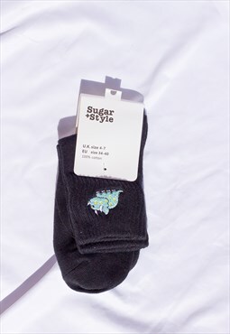 Black Dinosaur Embroidered Socks