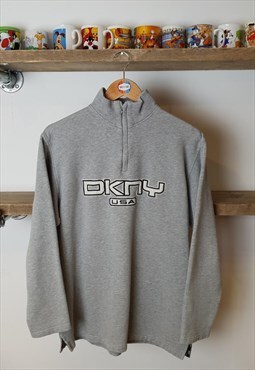 Vintage DKNY sweatshirt 1/4 zip spellout y2k grey white 