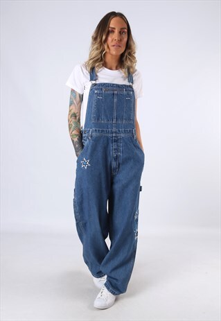 DENIM DUNGAREES ROUTE 66 EMBROIDERED WIDE LEG UK 16 (CEK)