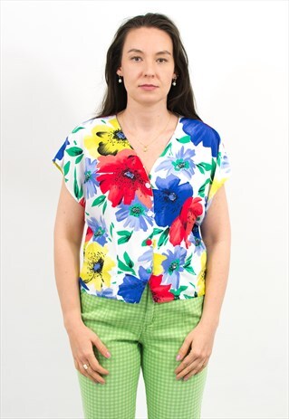 VINTAGE 80'S BLOUSE IN RAINBOW FLORAL PATTERN TOP