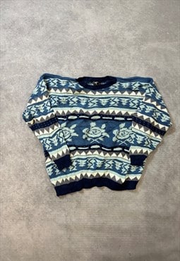Vintage Abstract Knitted Jumper Flower Patterned Sweater
